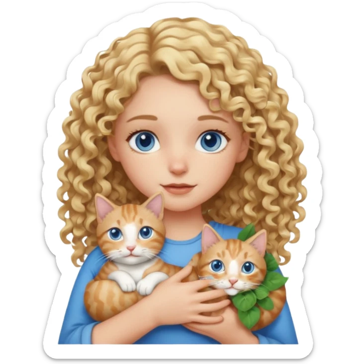 Blonde girl with curls and blue eyes holding a tabby cat that has one white patch on his eye that connects to his stomach sticker