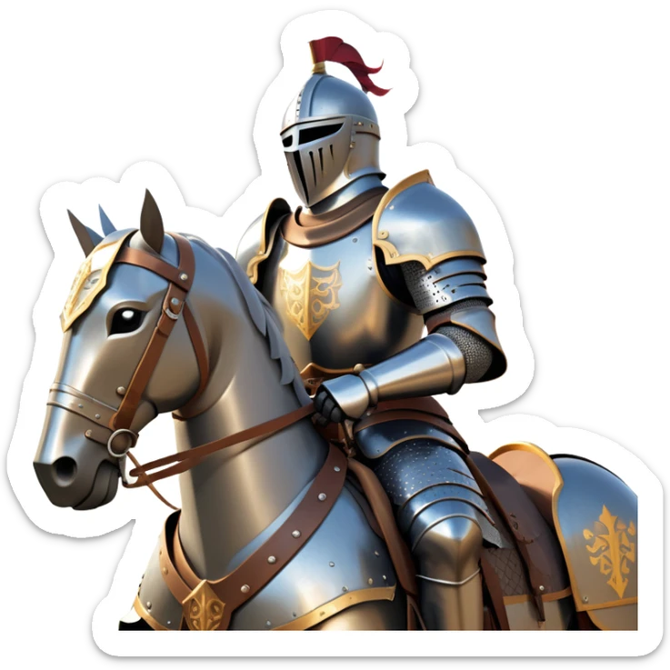 clash-of-clans-aesthetic_-cinematic-fearsome-and-majestic-knight-bust-portrait-emoji, rendered in a flat, vector-style with minimal shading and bold, simplified shapes, depicting a battle-ready medieval knight with steely eyes and intricate armor, mounted on a heavily armored warhorse with gleaming plated barding reflecting sunlight over a misty battlefield. sticker