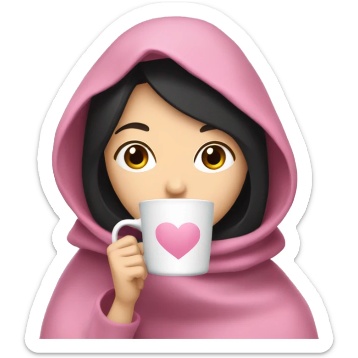 Pale White girl with black hair and dark brown eyes pink blanket over her head and shoulders drinking coffee sticker