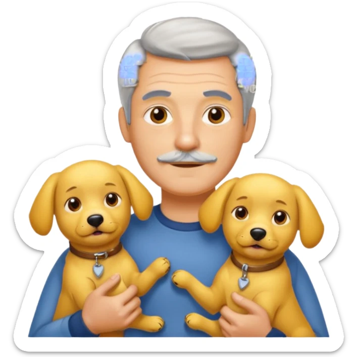 Italian man without a moustache and salt and pepper hair holding two yellow dogs sticker