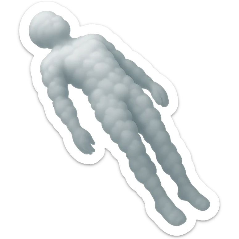 unconscious person, body stretched upwards, arms and legs down, made of bright white fluffy clouds, matte glass style sticker