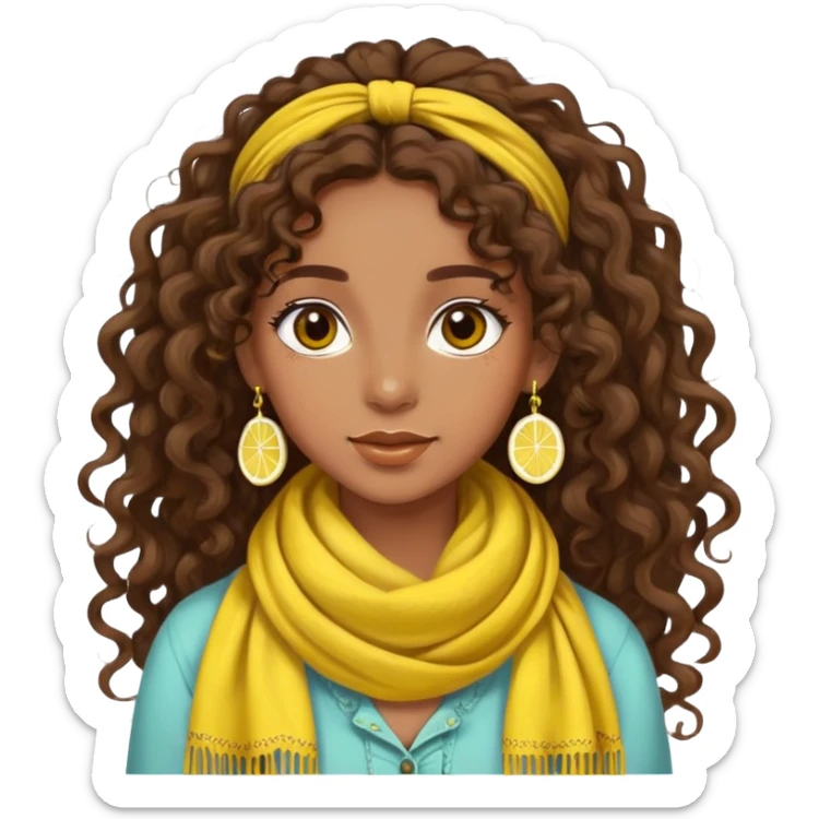 bohemian style girl, brown skin, long brown curly hair tied high, lemon yellow scarf, round earrings sticker