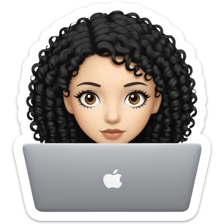 a girl using the mac book air with black curly hair and brown eyes with winged black eyeliner sticker