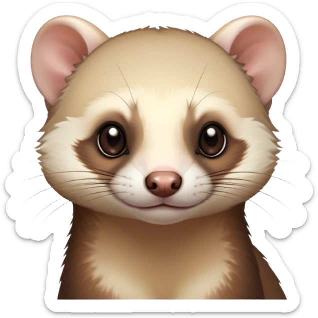 Cinematic Noble Ferret Portrait Emoji, Poised and dignified, with a sleek, elongated body and a distinct ferret head featuring a pointed snout, small, rounded ears, and intelligent, beady eyes, covered in soft, sleek fur with natural brown and cream hues, Simplified yet sharp and sophisticated features, highly detailed, glowing with a warm, natural glow, high shine, exuding an air of quiet confidence, focused and watchful, soft glowing outline, capturing the essence of a clever and majestic ferret that feels as though it could leap from the screen with effortless grace! sticker