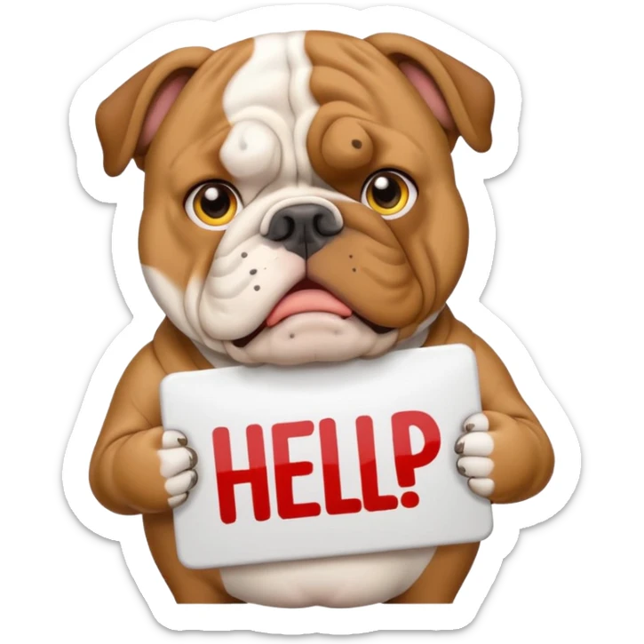 English bulldog with a worried face holding a 'need help' sign, emoji style sticker