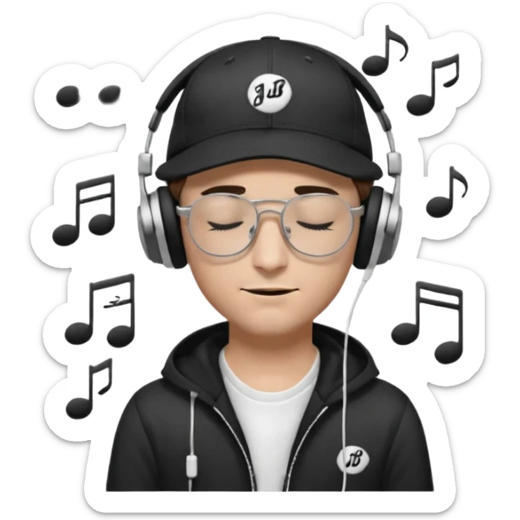 dj man white with baseball cap - rayban glasses - brown hair - closed eyes with headphones on with musical note over head (listening to music ) - eyes closed no glasses - black hat  musical notes floating around head sticker