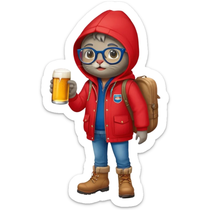 Catfish in a red winter jacket with hood, wearing round glasses, blue jeans, red boots, holding a beer can with a red label sticker