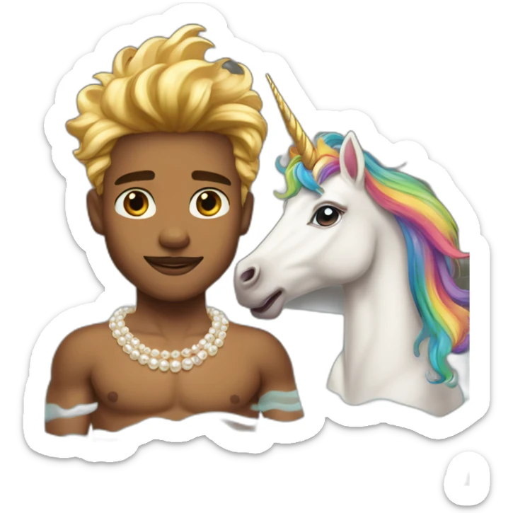 Posh-muscle-boy-with-pearl-necklace-and-rainbow-unicorn-hair-in-golden-bathtub sticker