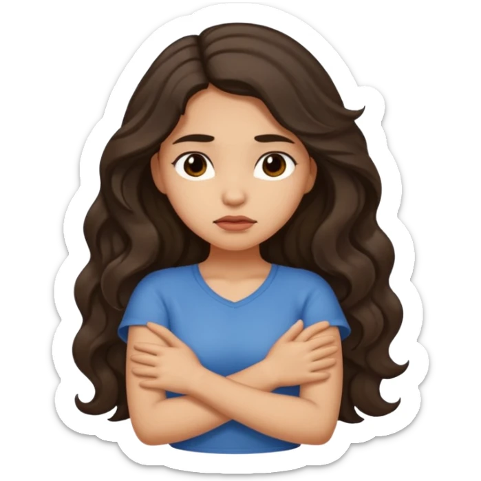 Hispanic light tan girl with long dark wavy hair crossing her arms under arm pit and slightly pouting sticker