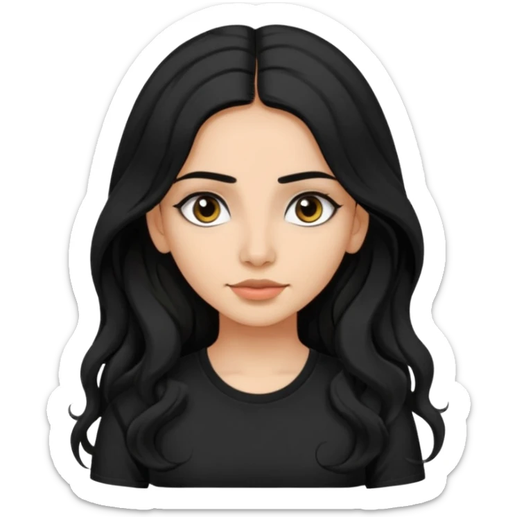 a pretty FAIR indian bratz girl with wavy long black hair, wearing a black tshirt, eyeliner on. no earrings sticker