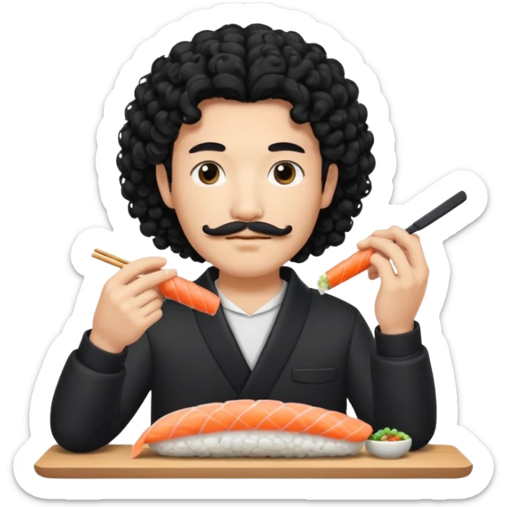 un coreano che taglia sushi con i baffetti capelli ricci e lunghi  neri con un IQOS in mano  sticker