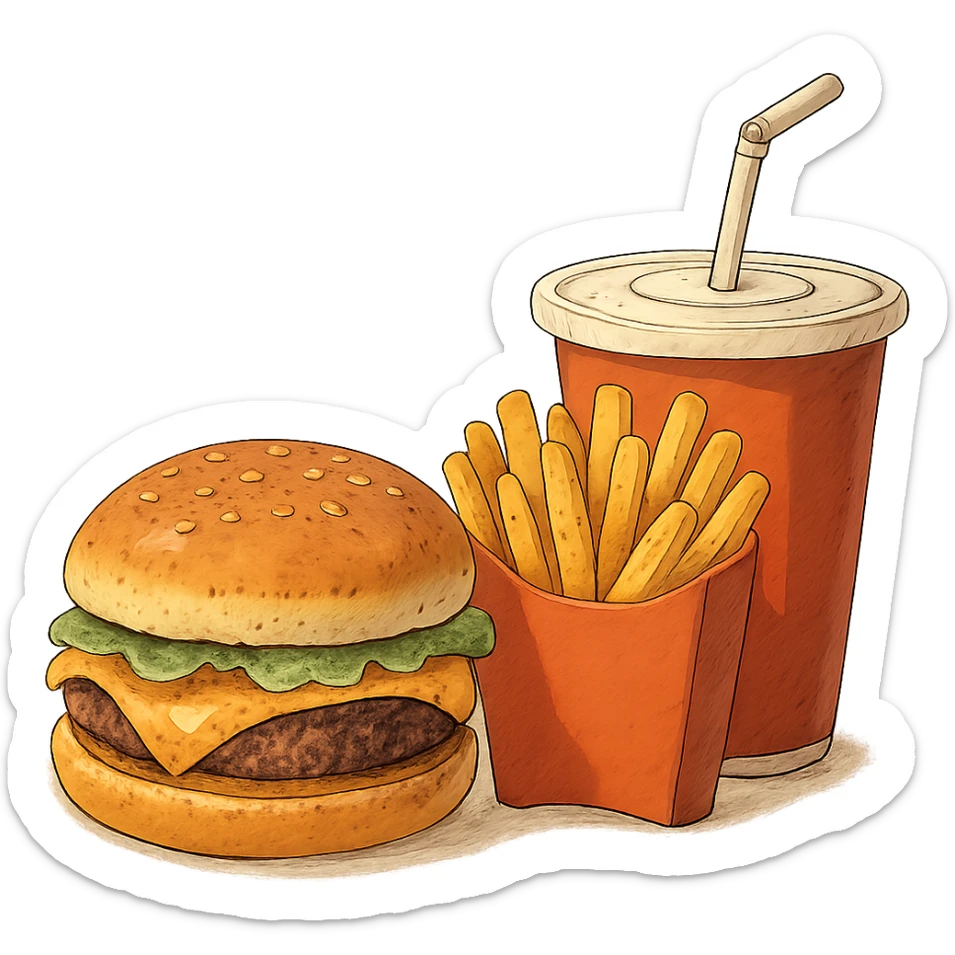 ghibli style burger meal set with fries and drink sticker