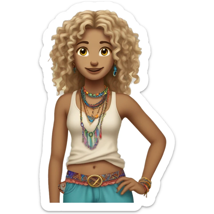 Caucasian hippie girl with curly dirty blonde hair, hazel eyes, baggy colorful pants and a tank top, lots of bohemian bracelets and jewelry sticker