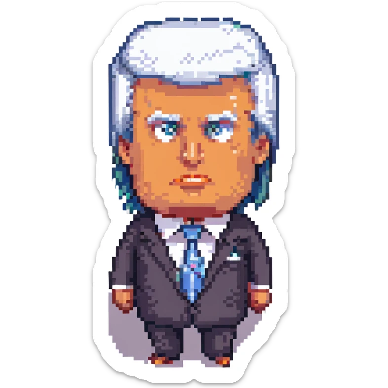 pixel art Donald Trump, exaggerated hair, suit and tie, cartoonish, no text sticker