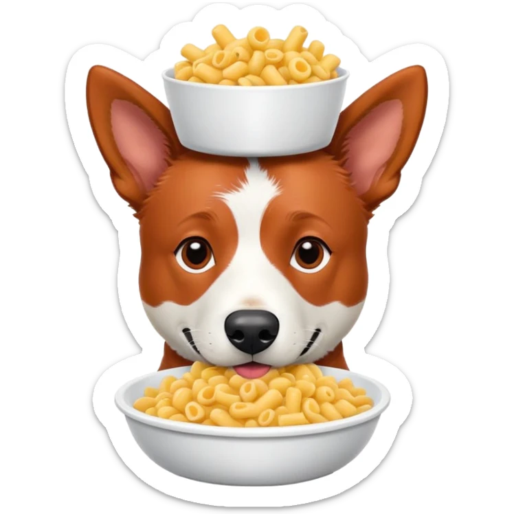 Red heeler dog with white on his snoot. Has a bowl of macaroni on his head sticker