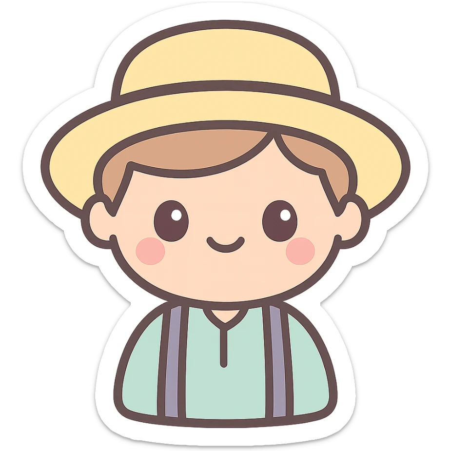 cute kawaii style emoji of an Amish boy in a straw hat and suspenders, smiling sticker