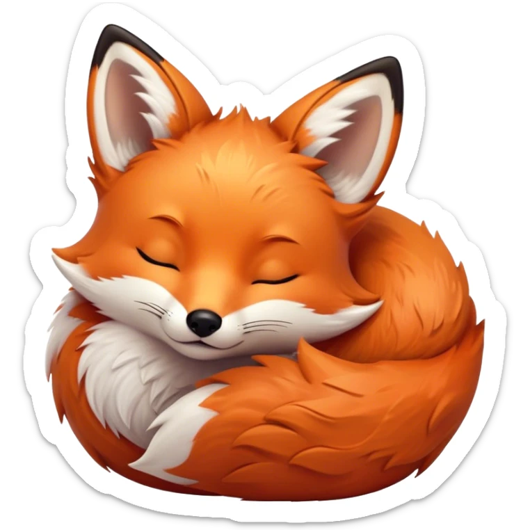 Cinematic cute sleepy fox, curled into a cozy fluffy ball, warm glowing fur, tiny black nose resting on its tail, soft breathing visible, peaceful and charming. sticker