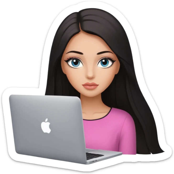 Glamours, tanned, very beautiful girl, with big pump peach-beige-rose lips, eyeliner, long long lashes, black straight smooth silky long hair, straight parting hair, blue-grey eyes with macbook sticker