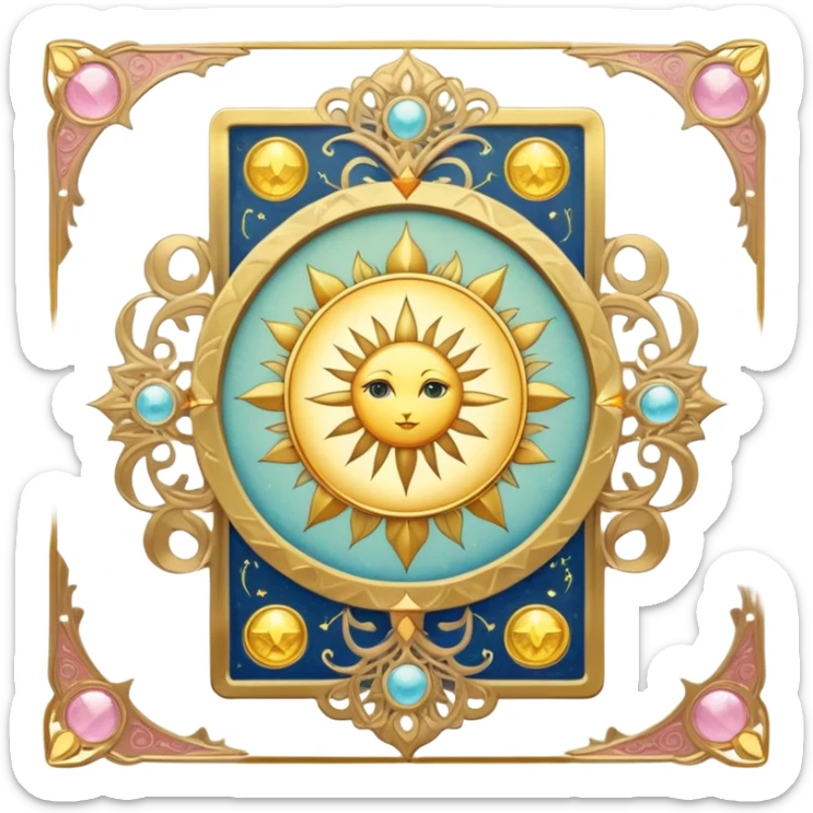 magical tarot-like card inspired by the Clow Cards from Cardcaptor Sakura. The card has ornate golden borders, a sun or moon symbol at the top, and a mysterious illustration in the center. The background is a soft, enchanted pastel tone. sticker
