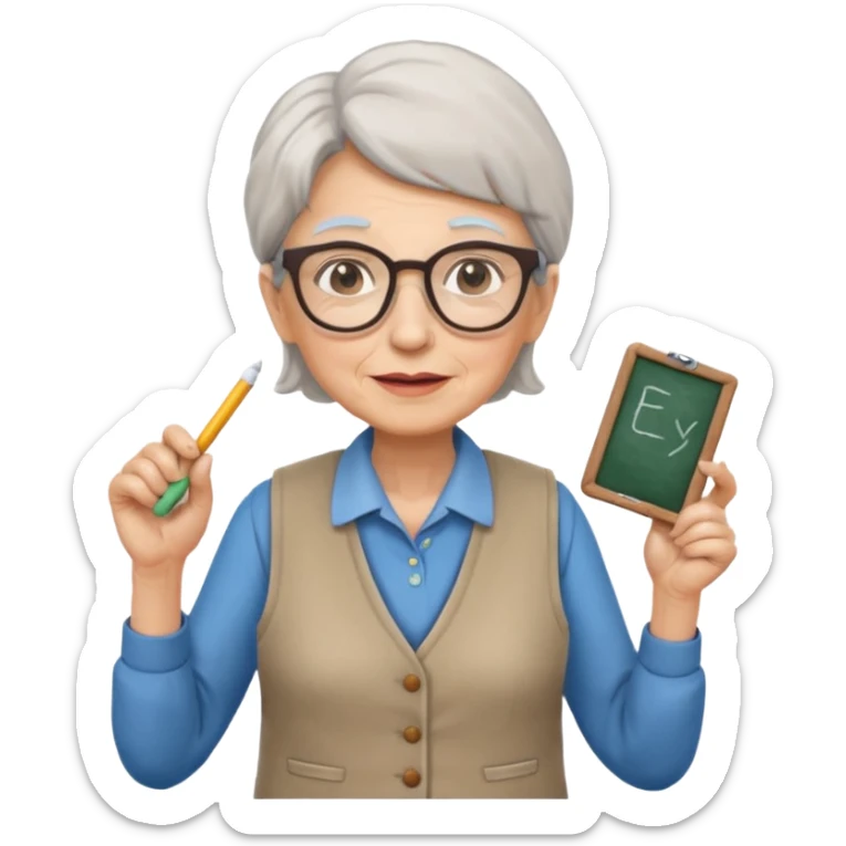 woman teacher, old, wearing vest, wearing glasses, hold chalk on their hand sticker