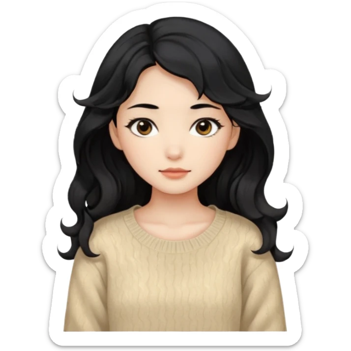 Beautiful girl,Black hair,wavy hair，long hair,Black eyes,Chinese, beige sweater  sticker