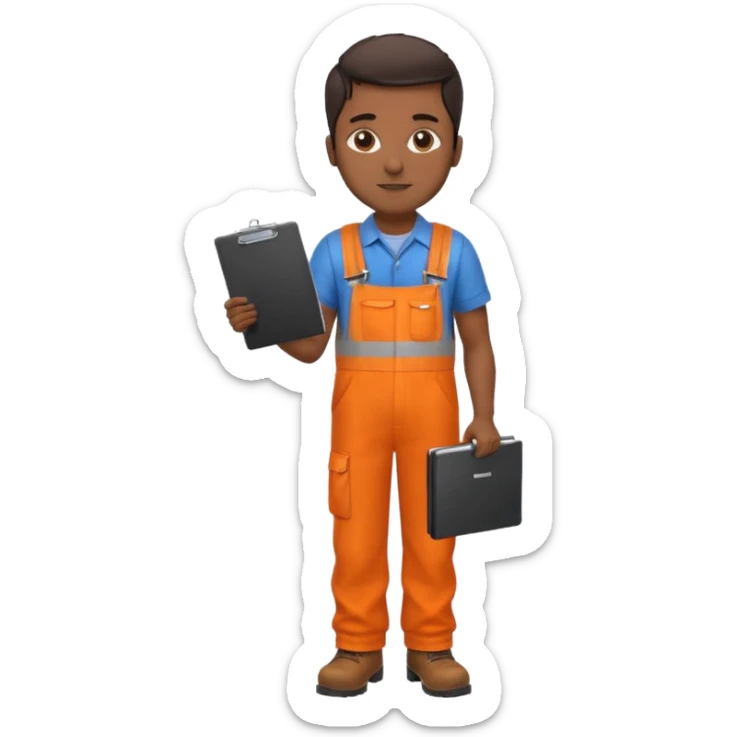 Indian male railway engineer orange overalls, boots holding a clipboard in one hand sticker