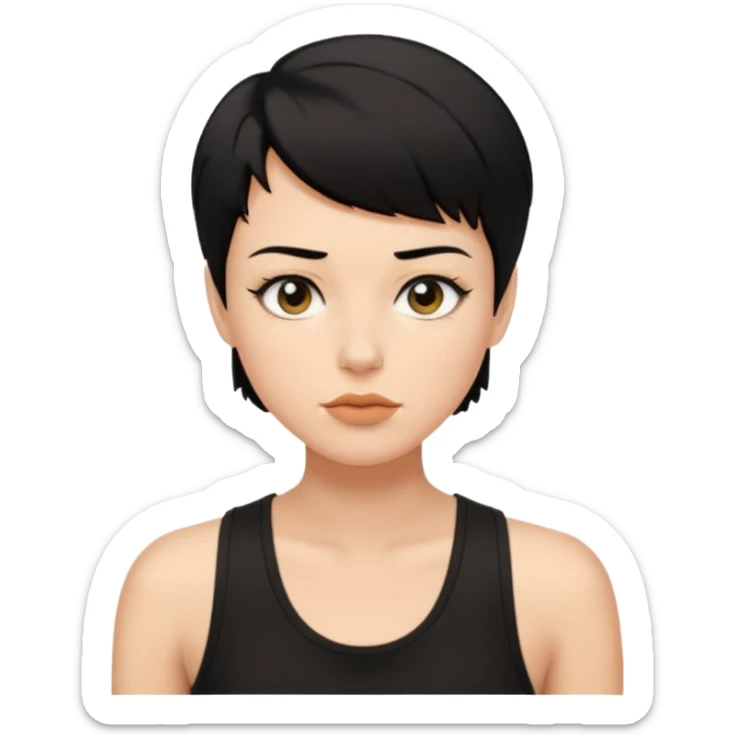 a white woman with short tomboy black hair with beauty spot on top of her lip wearing men's black tank top sticker