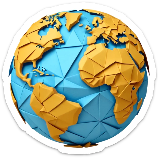 3D render of Papier-Mâché Globe made entirely of folded origami paper, sharp creases, cardboard texture, matte finish, visible paper grain, craft aesthetic,  emoji style, isolated on white background --v 6.0 sticker