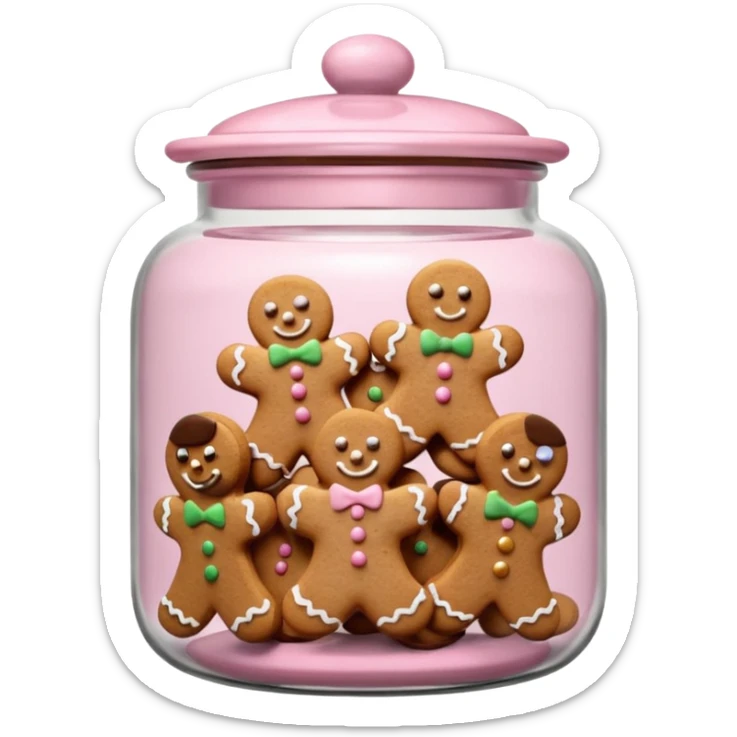Realistic glass cookie jar with light pink lid full of gingerbread cookies isolated sticker