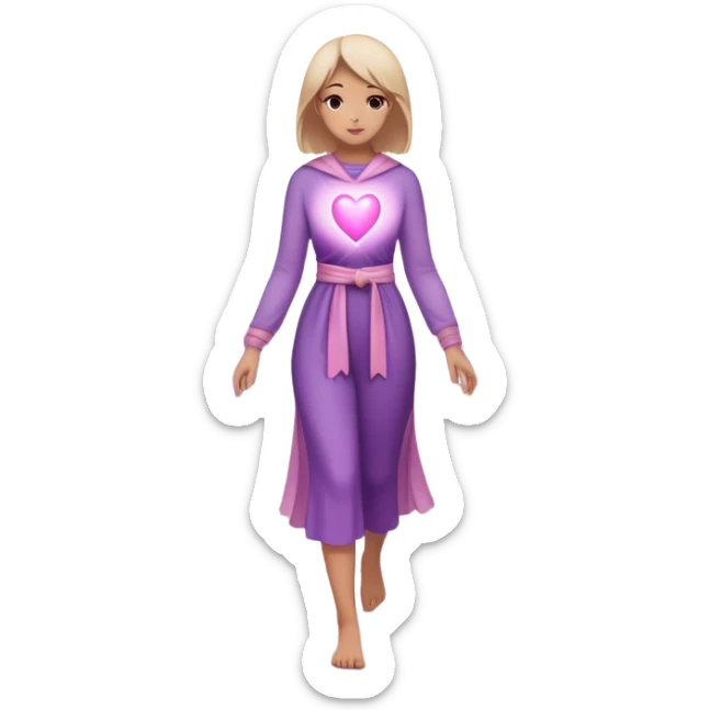 A small figure walks back across a foggy bridge, holding soft pink and purple orbs in each hand—symbolizing compassion and forgiveness. A gentle heart aura trails behind them, showing healing in motion. sticker