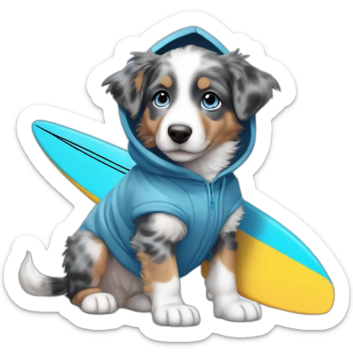 a 5 month old puppy, miniature American shepherd breed, blue merle color, with blue eyes, wearing a blue hooded sweatshirt and a surfboard under his arm sticker