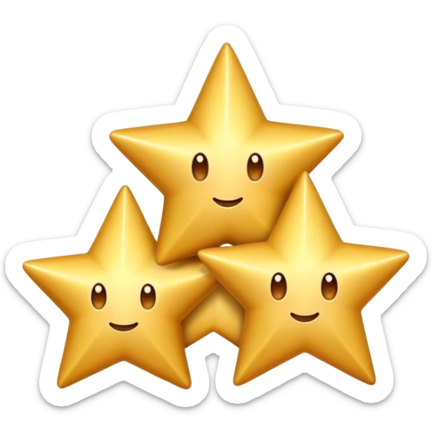 3 golden stars, one big in the center and two smaller on the sides, with a playful, cartoonish expression sticker