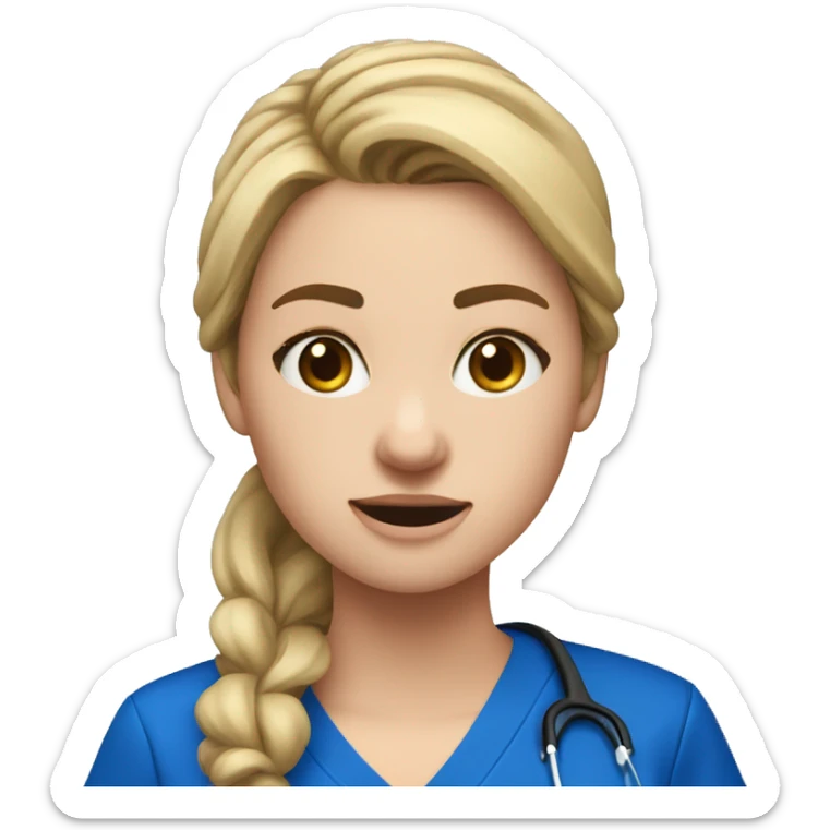 white female nursing school student in royal blue scrub top and royal blue scrub pants crying sticker