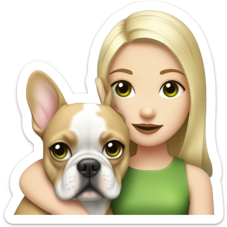 A blonde girl with green eyes with a square hugs a French bulldog with brown eyes and dark gray fur sticker