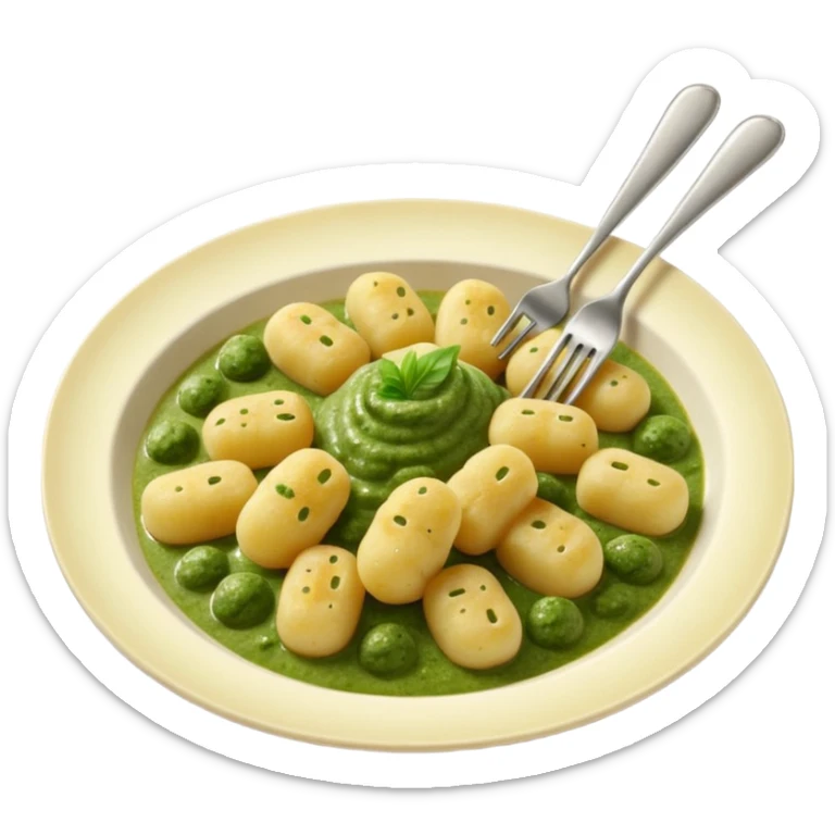 Gnocchi Cinematic Realistic Gnocchi Dish Emoji, depicted as tender oblong potato gnocchi garnished with iconic fork marks on top, rendered with soft textures and warm, inviting lighting. add green  sauce on top sticker