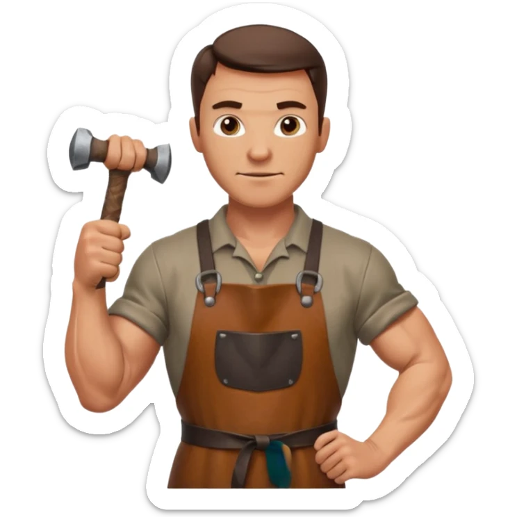 Emoji portrait of a Celtic blacksmith. Work clothes, muscular arms, holding a hammer and wearing a leather apron. sticker