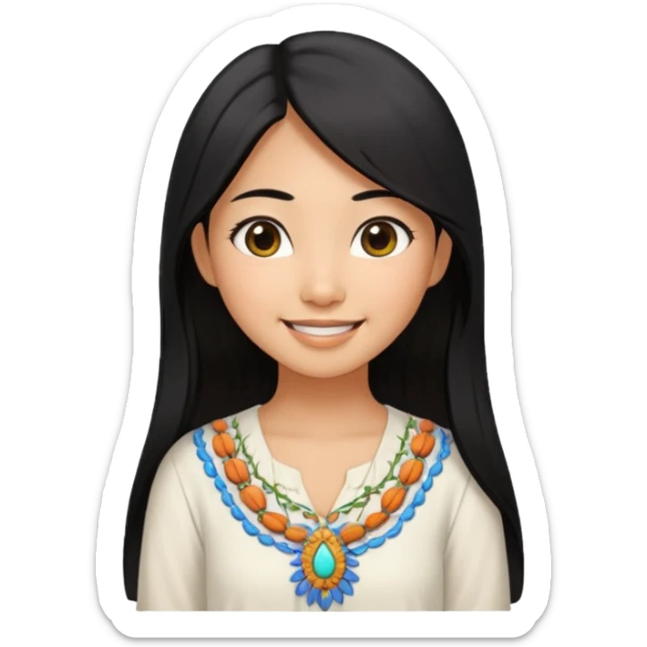 30 yr old asian woman center parted hair big eyes big smile tanned skin straight black hair hippie part hair white blouse sticker