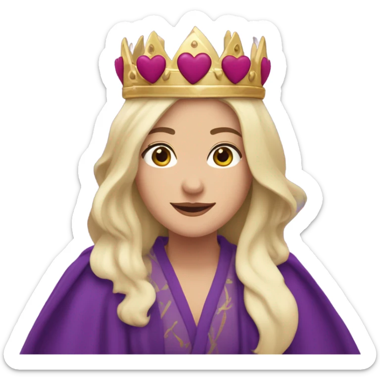 Caucasian long dark haired woman wearing royal purple robes and a crown with five hearts floating around her head sticker