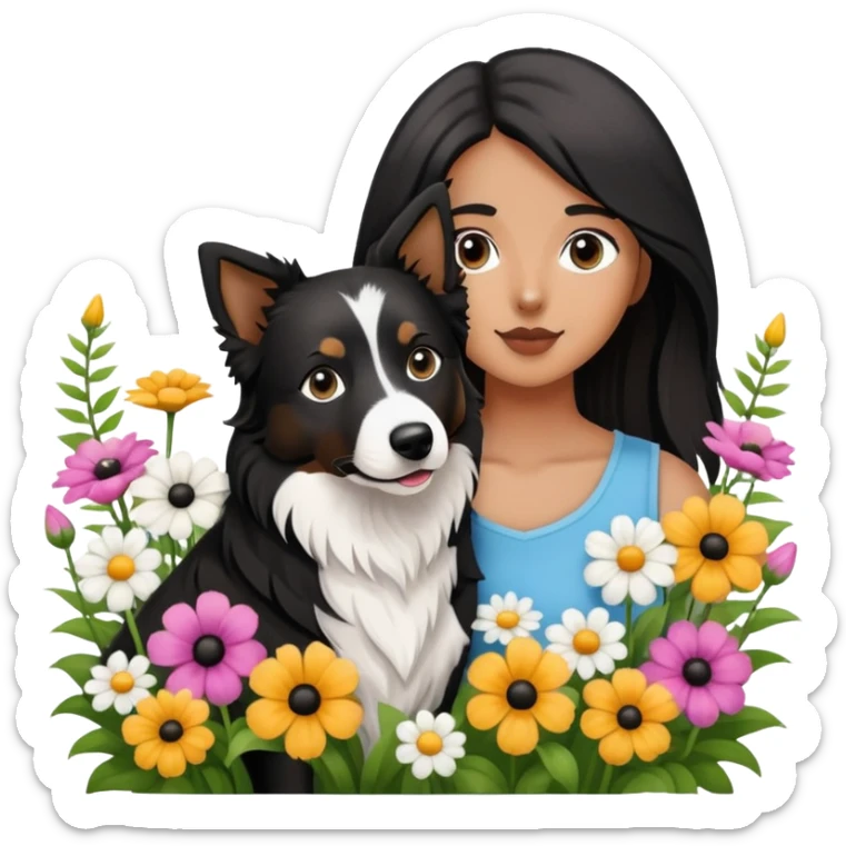 A girl is holding a black and white border collie in the flowers sticker