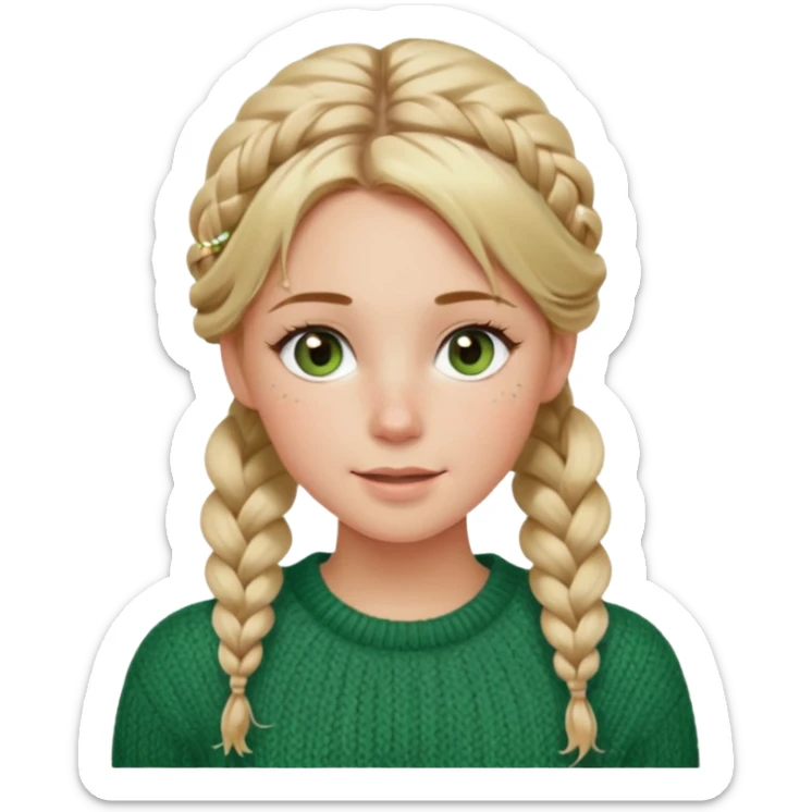 dirty blonde hazel/green eyes woman with a white cable knit sweater and one braid down her back  with tendrils of hair flowing down her face and she is happy pale, some freckles, blush. she has a cateye wing and long lashes sticker