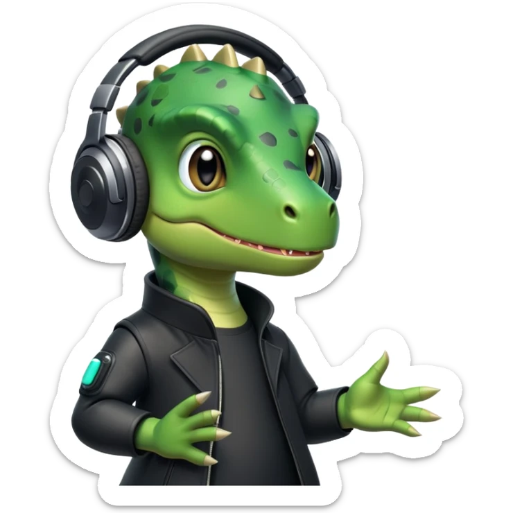Dinosaurio verde muy tierno músico DJ con ropa negra futurista  sticker