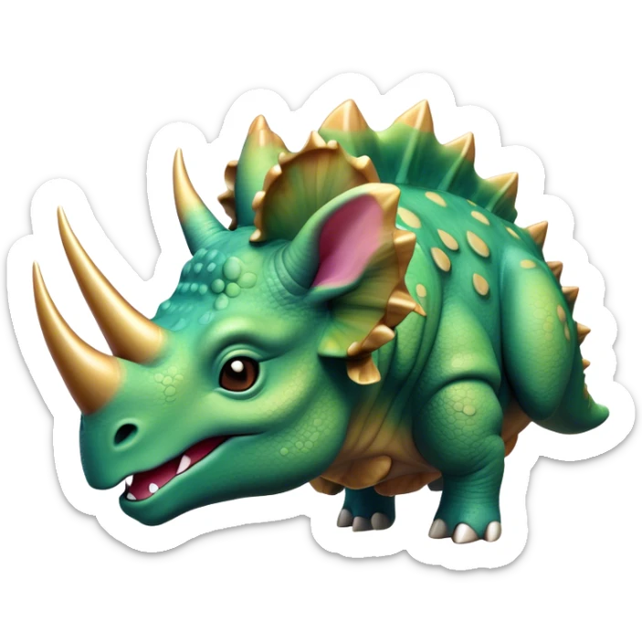 Beautiful and Majestic Triceratops Portrait Emoji, Head and body rendered in serene repose with a gentle, content smile, showcasing a robust, horned form with an intricately frilled head and eyes softly closed in tranquil repose, Simplified yet exquisitely endearing features, highly detailed, glowing with a soft, drowsy prehistoric light, high shine, relaxed and utterly majestic, stylized with an air of ancient splendor, soft glowing outline, capturing the essence of a beautiful and majestic Triceratops that embodies the timeless strength of the ancient world! sticker