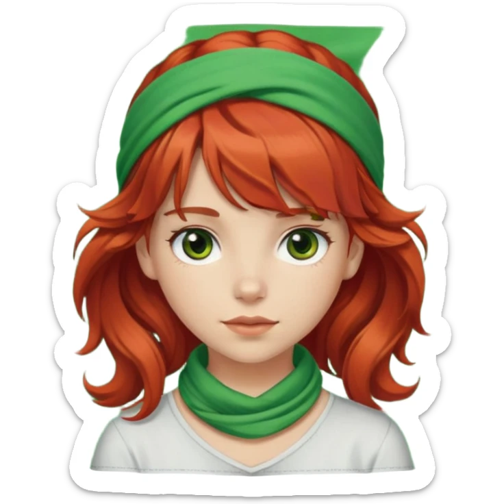 White red-haired girl with wavy hair, brown eyes, bangs, and a green bandana on her head. sticker