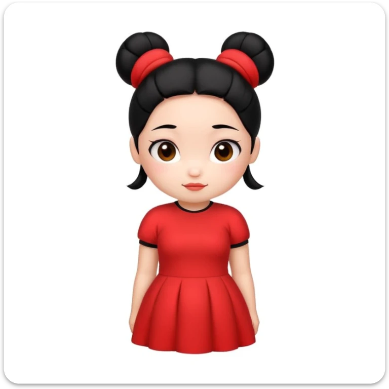 pucca character, simple and cute, round face, red dress, black hair buns, no text sticker