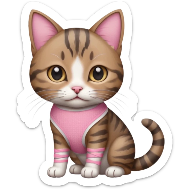 a young female brown and gray tabby cat,with a pink bandage on her front paw, realistic sticker
