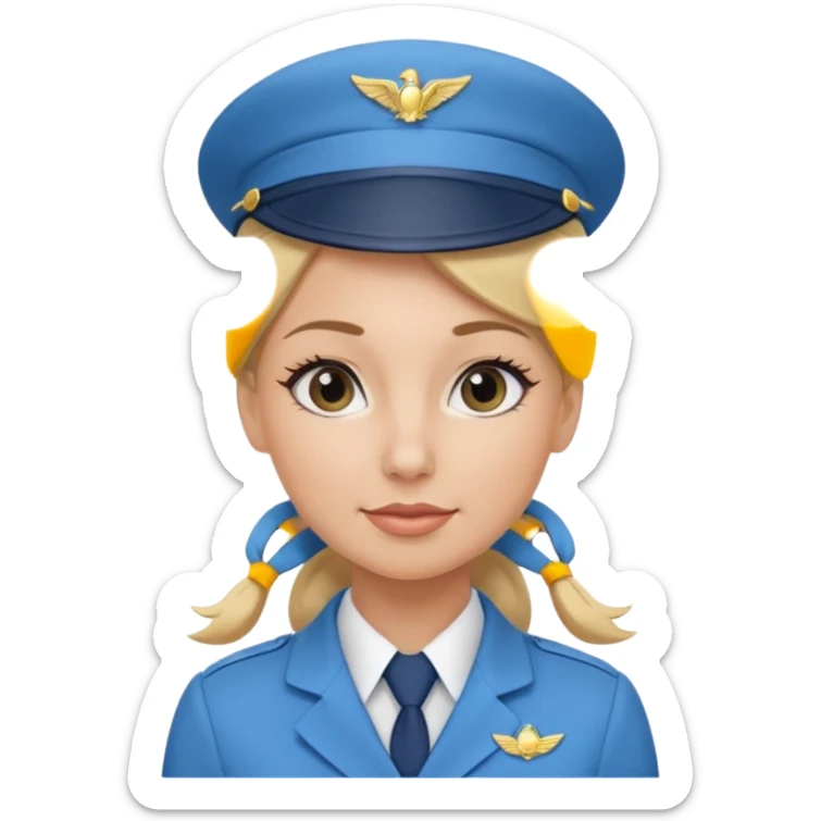 Create an emoji of a female flight attendant with blonde hair tied up, wearing alight blue flight attendant hat and a blue flight attendant uniform. sticker