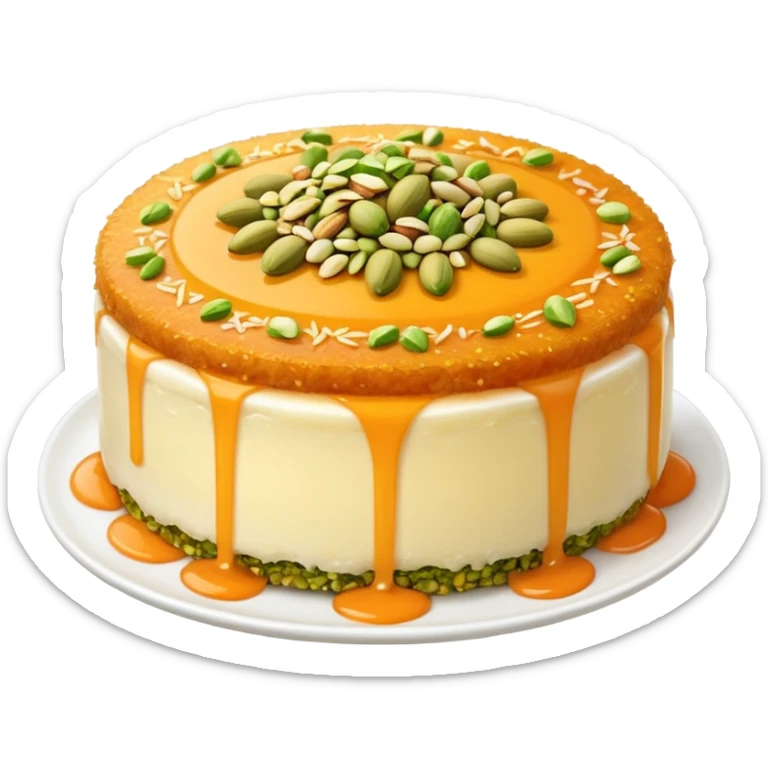 A small round emoji of traditional kanafeh with golden-orange crispy threads, a gooey white cheese center, and a light sprinkle of green pistachios. Warm and delicious-looking. sticker