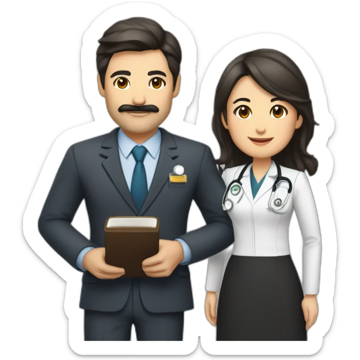 man american middle age with dark brown hair mustache and trimmed beard wearing a suit holding a bible, beside woman asian middle age with black shoulder length hair wearing a nurse uniform sticker