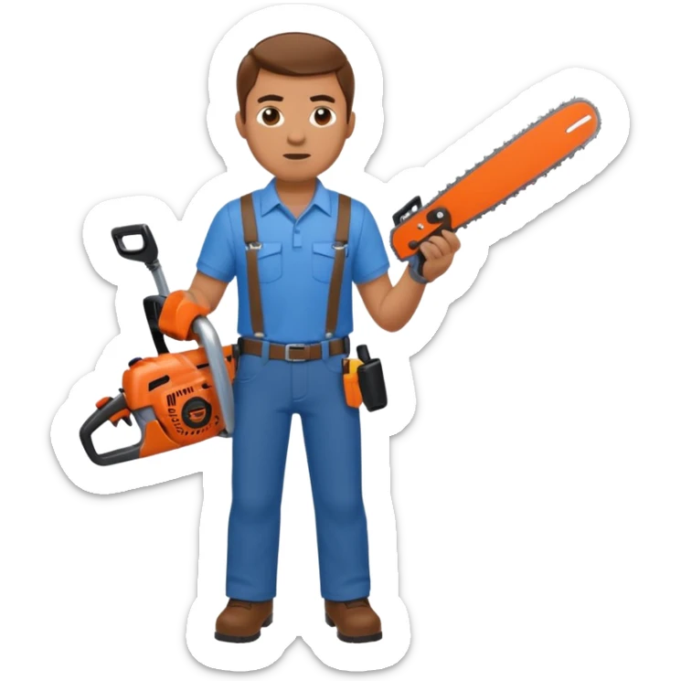 A man with a blue shirt and brown pants holds a chainsaw and a shotgun  sticker