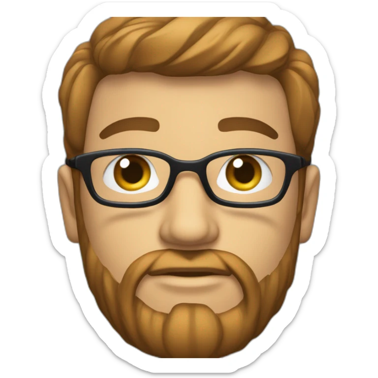 Homem acima do peso, loiro médio, com cabelo cacheado curto, barba, olhos azuis e que usa oculos sticker
